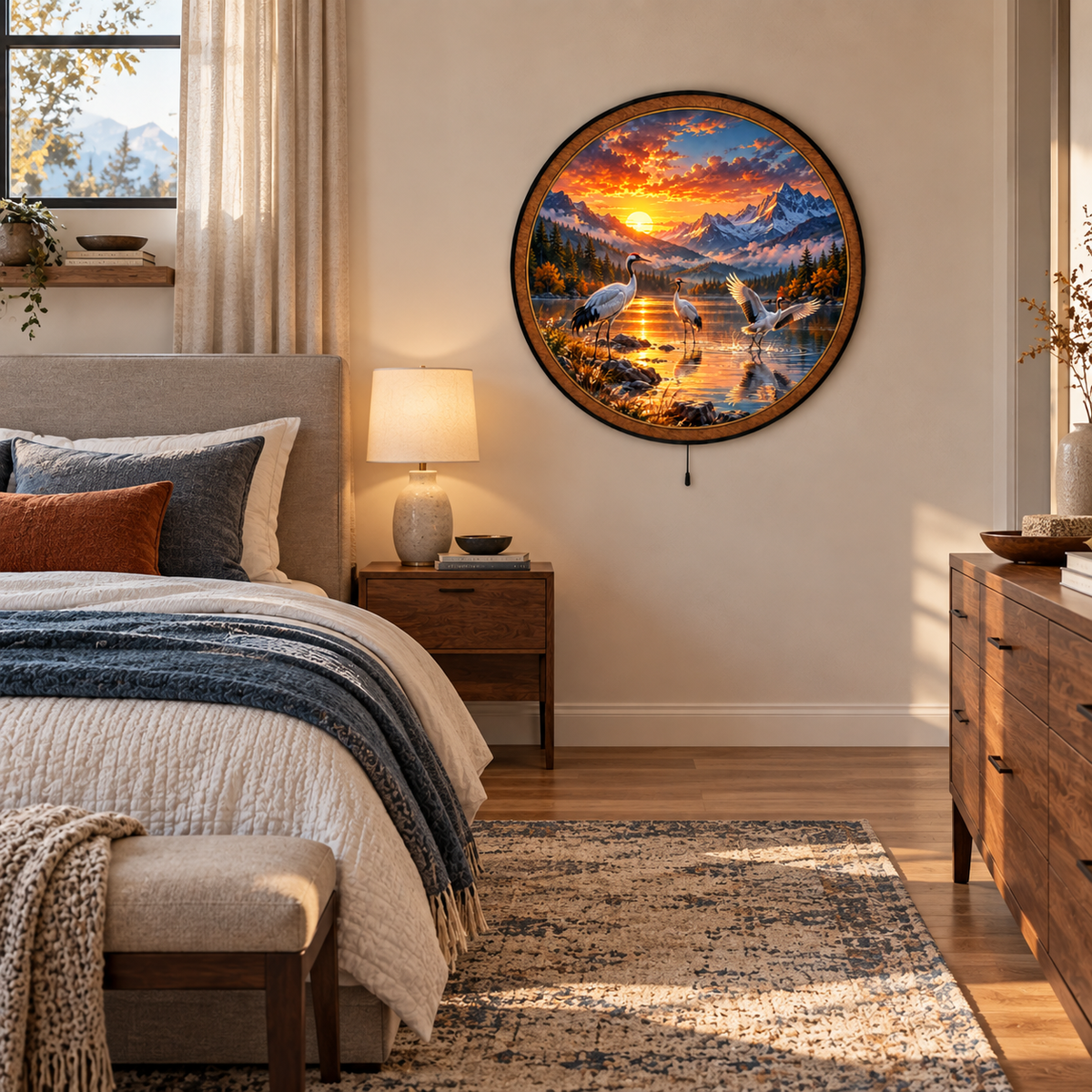 Handcrafted Golden Crane Mountain Sunset LED Wall Art