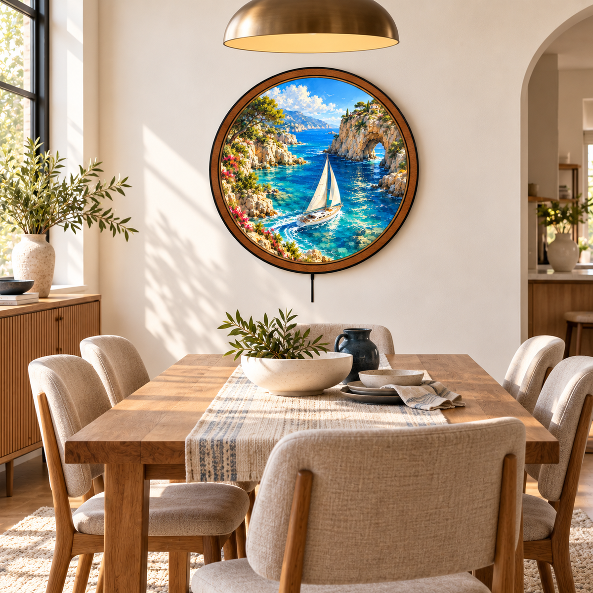 Mediterranean Sailboat Coastal Cove Circular LED Wall Art