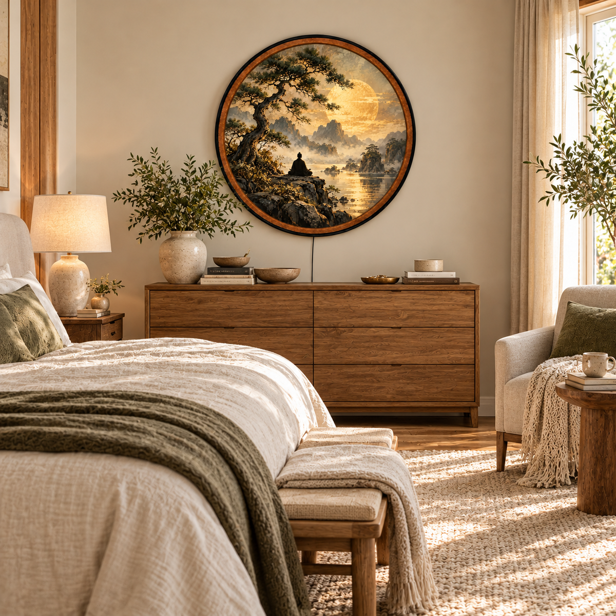 Golden Moon Zen – Handcrafted LED Wall Art | Japanese Meditation & Bonsai Pine Tree Decor