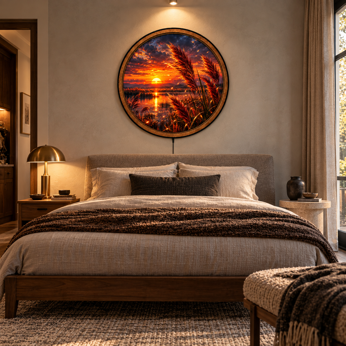 Handcrafted Golden Reeds Sunset Lake LED Wall Art