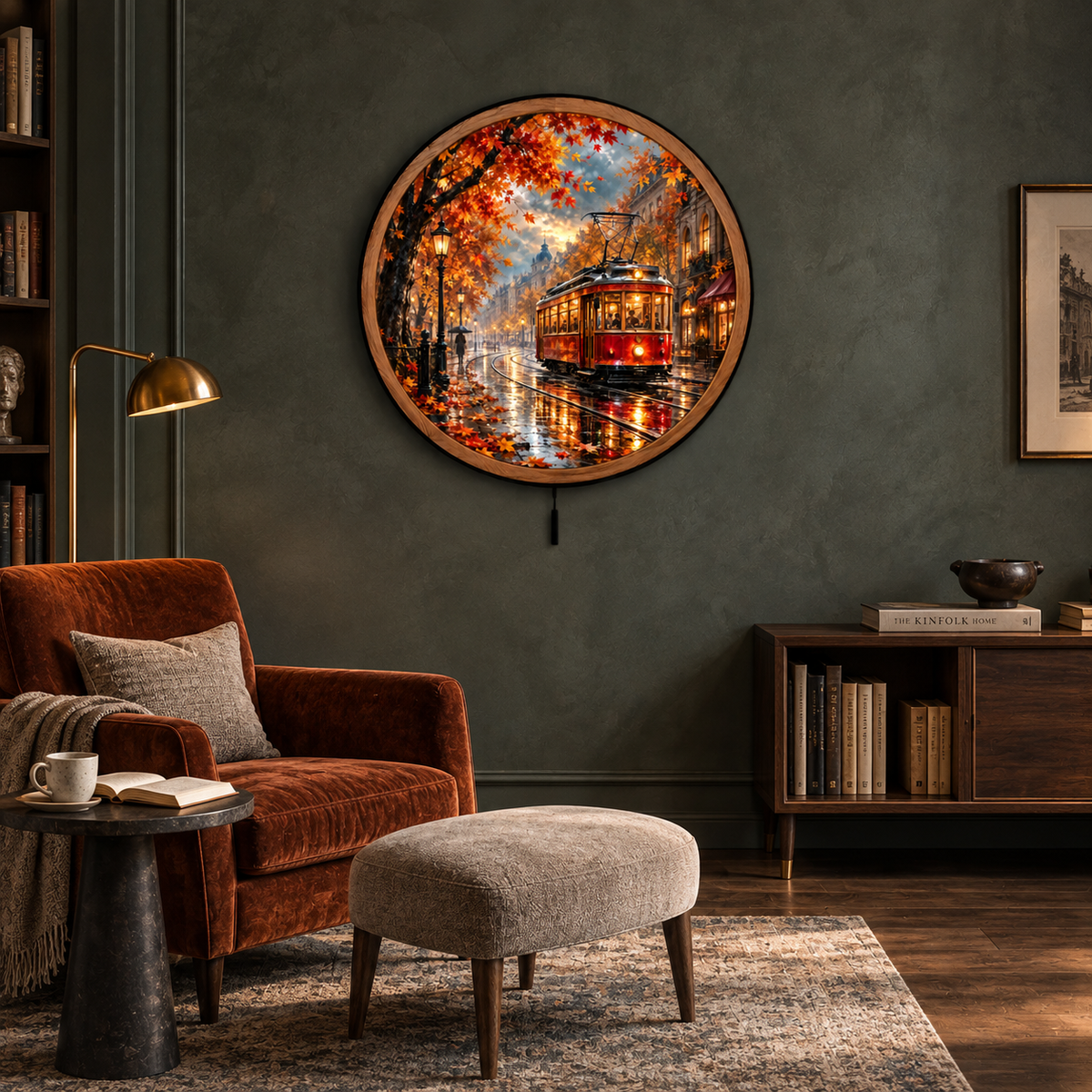 Autumn Tram Glow LED Wall Art – Rainy City Street Decor