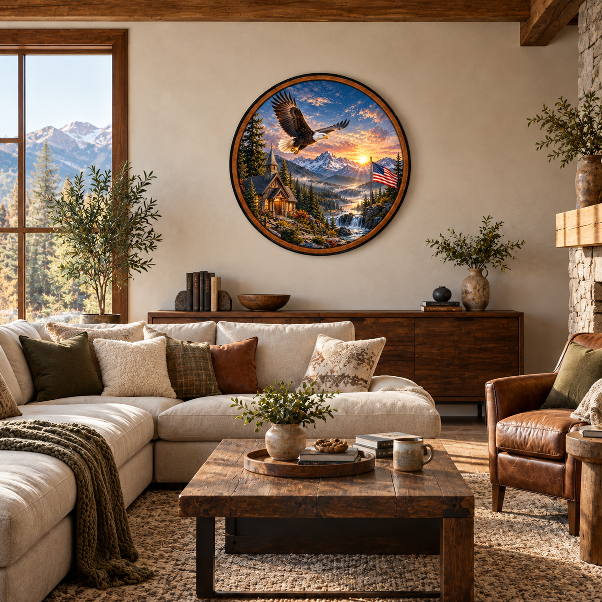 Wings of Freedom – Handcrafted LED Wall Art | Bald Eagle, American Flag & Mountain Sunset