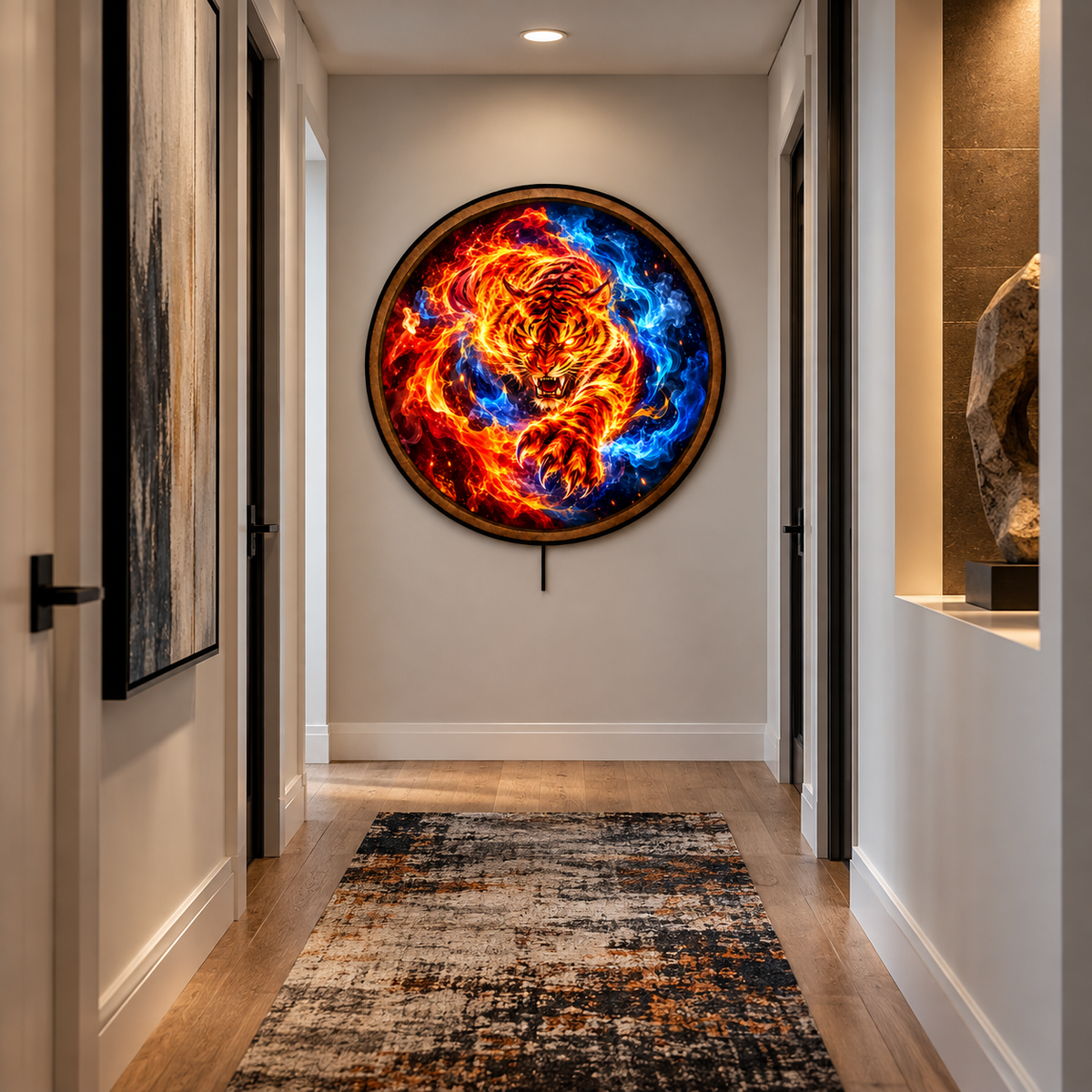 Blazing Tiger – Fire & Ice Fantasy Round LED Wall Art