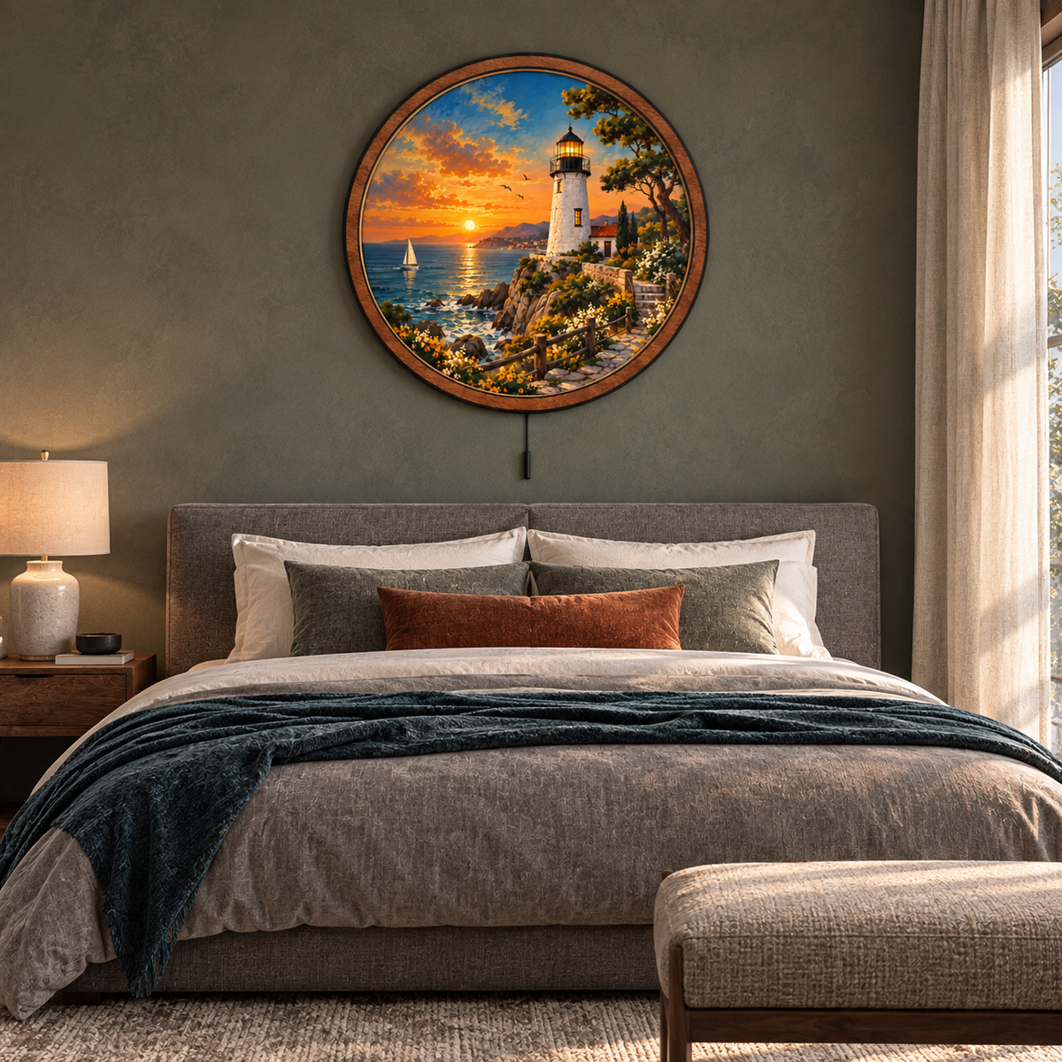 Coastal Beacon — Golden Sunset LED Wall Art | Lighthouse Ocean Wall Decor