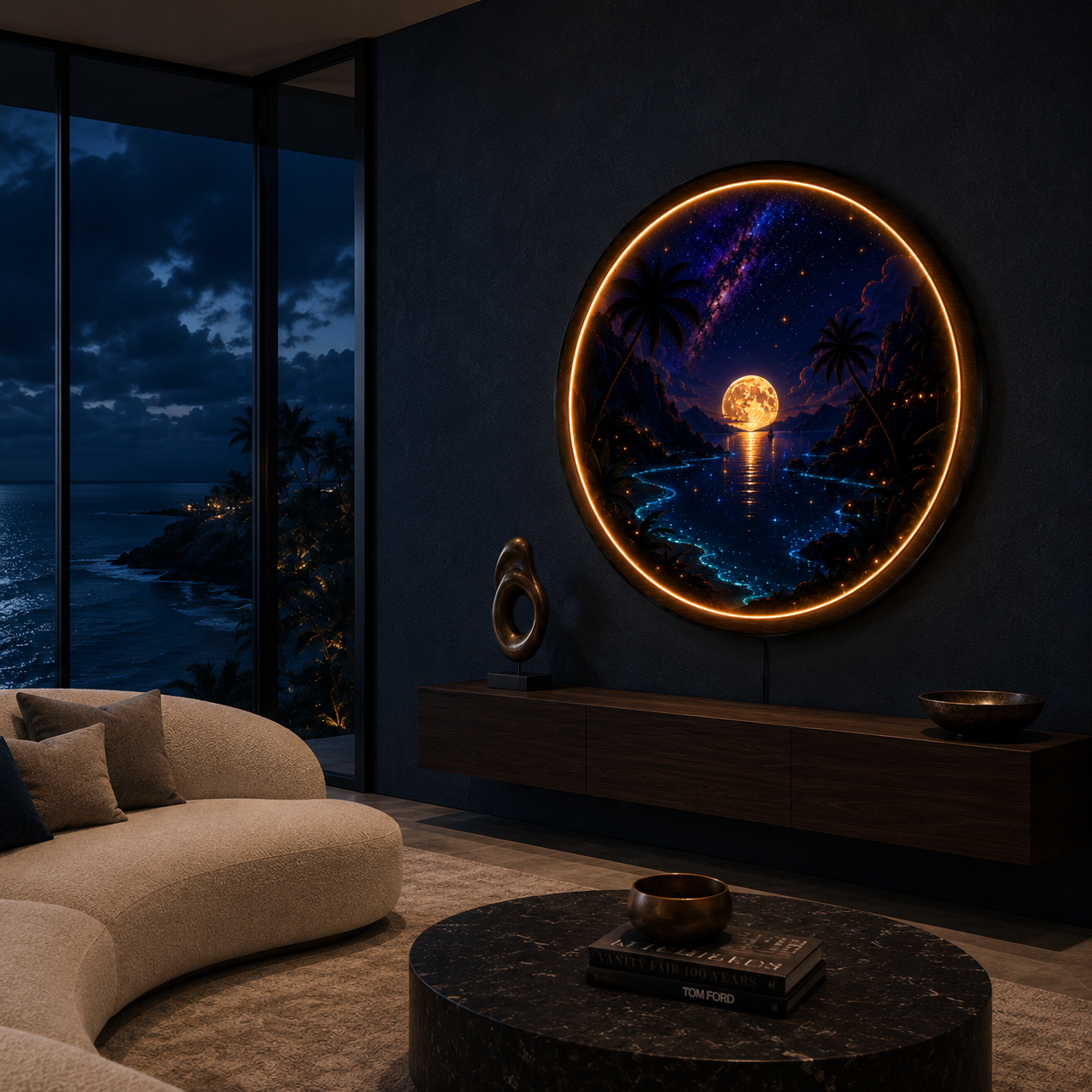 Moonlit Paradise Round LED Wall Art – Acrylic LED Wall Decor with Wooden Frame