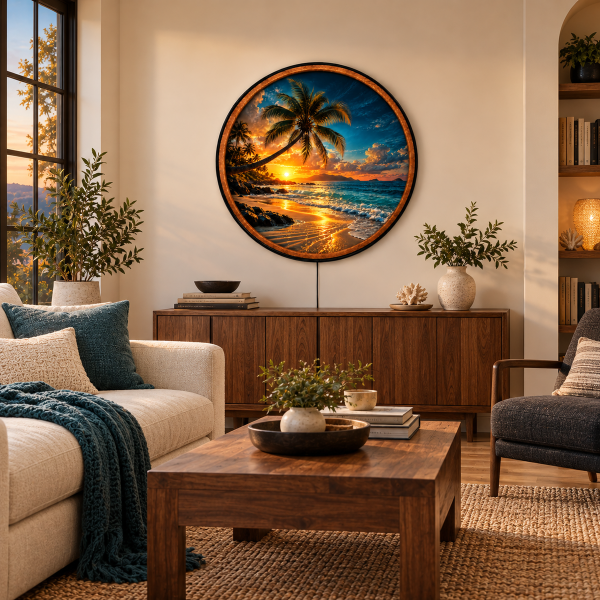 Tropical Sunset – Handcrafted LED Wall Art | Palm Tree, Ocean Waves & Golden Beach Sunset