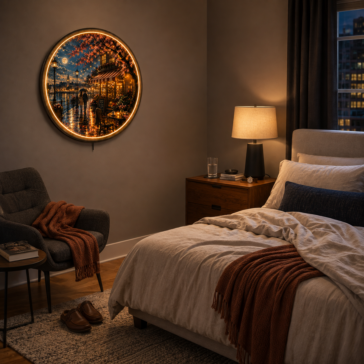 Moonlit Café LED Wall Art – Romantic Waterfront Night Decor