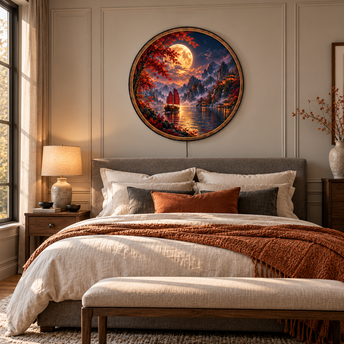 Golden Moon Red Maple Mountain Lake Circular LED Wall Art