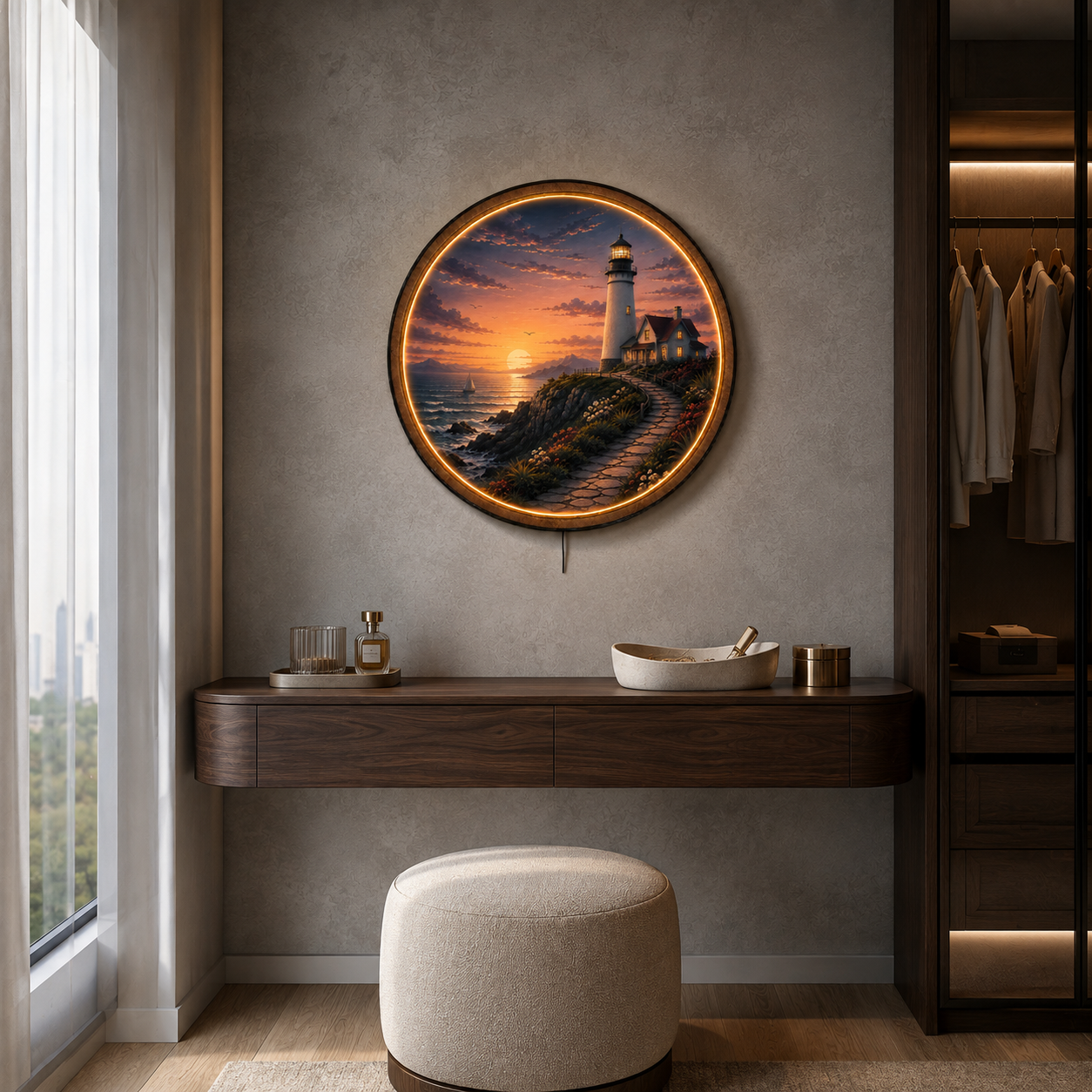 Harbor Light LED Wall Art – Coastal Lighthouse Sunset