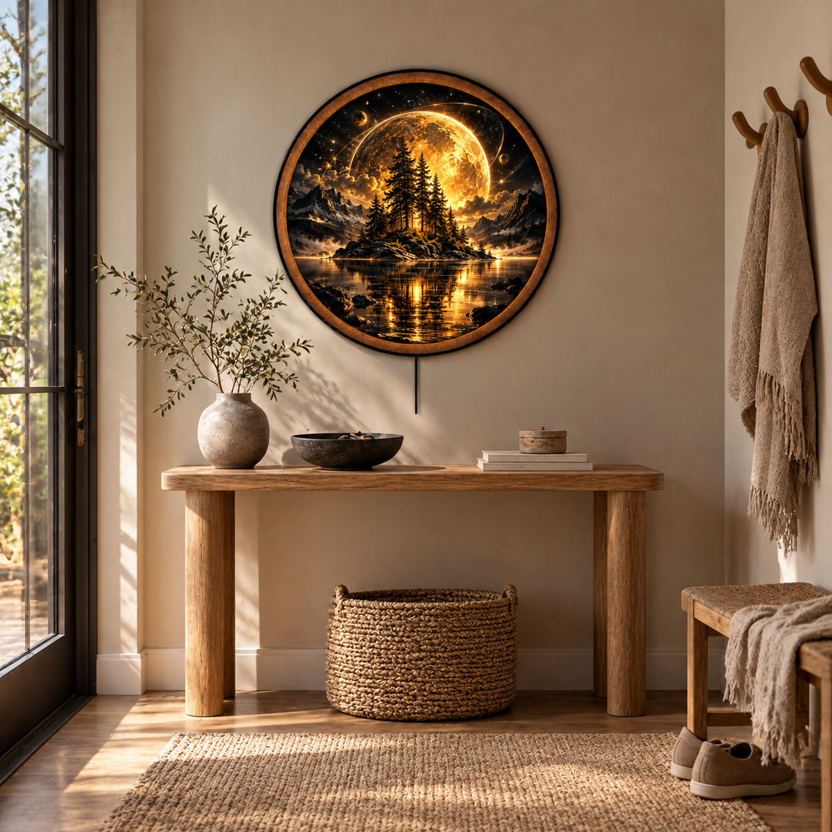 Handcrafted Golden Moon LED Wall Art – Celestial Forest Island & Cosmic Mountain