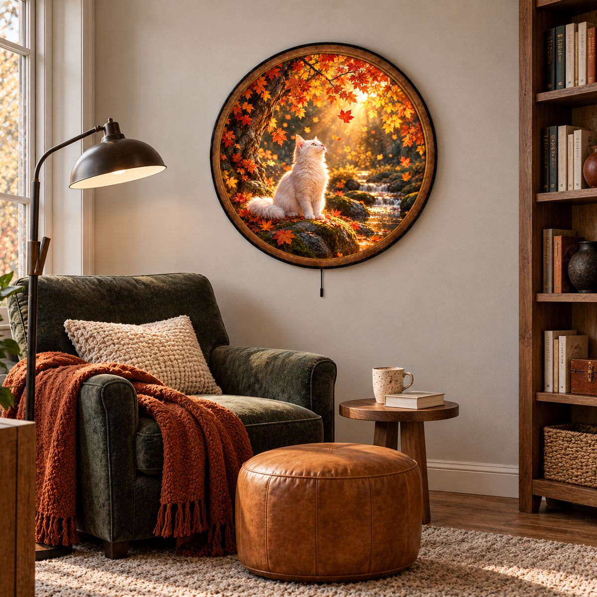 White Cat Autumn Forest Circular LED Wall Art