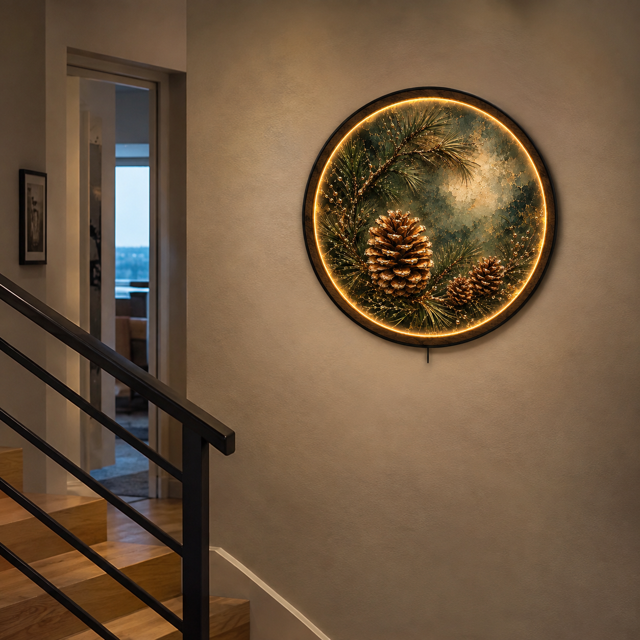 Golden Pinecone LED Wall Art – Evergreen Botanical Decor