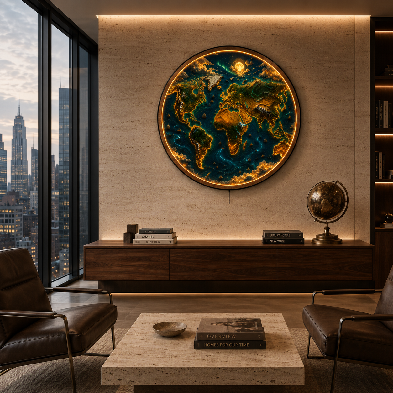 Illuminated World Map LED Wall Art | Round Acrylic Wall Light | Travel-Inspired Home Decor