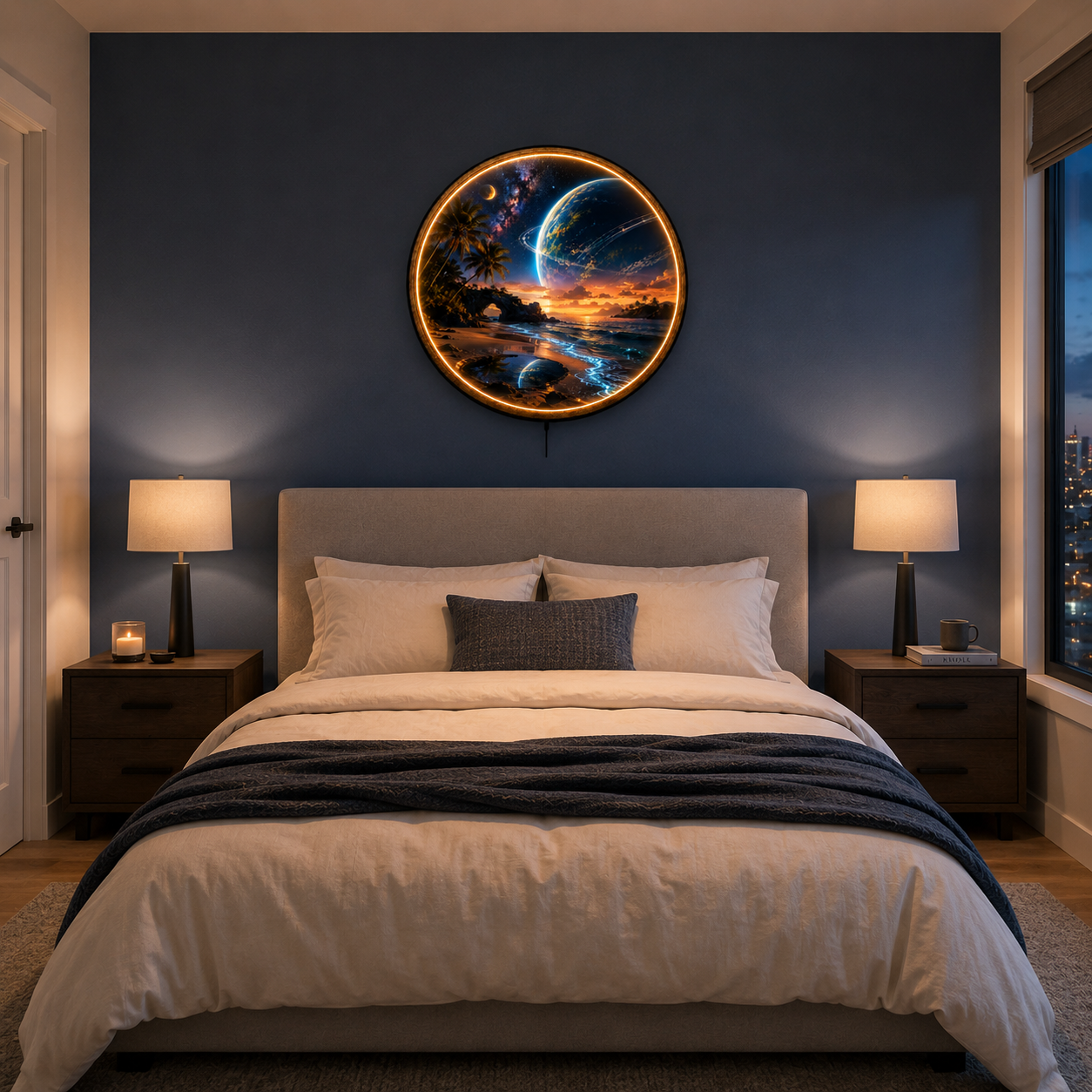 Beyond the Blue Horizon LED Wall Art – Cosmic Tropical Escape