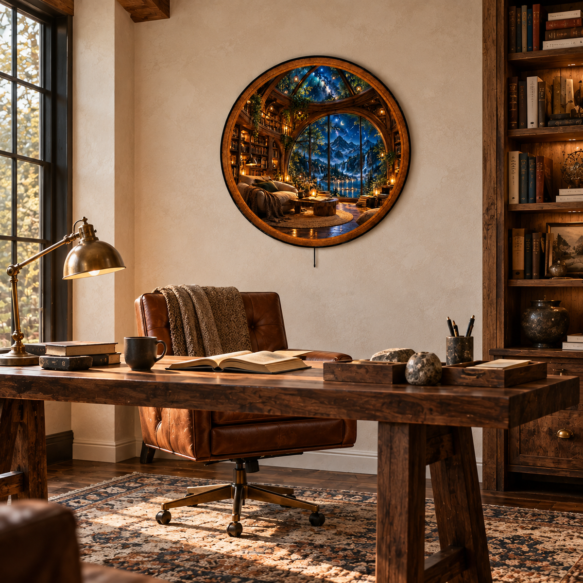 Handcrafted Enchanted Library Mountain Retreat LED Wall Art
