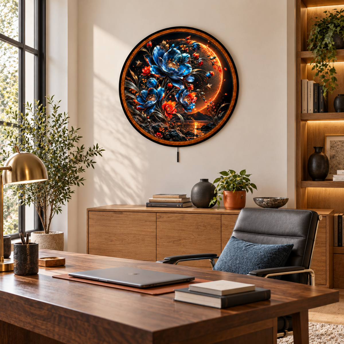 Midnight Ember Blooms – Handcrafted LED Wall Art | Blue & Red Floral Moon Art