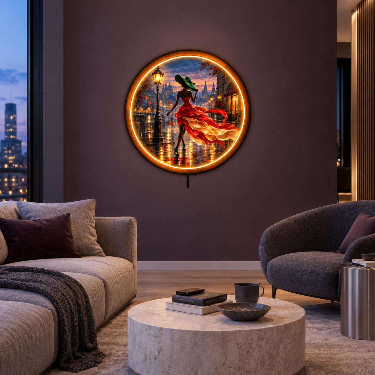 Crimson Promenade LED Wall Art – Elegant City Night Decor