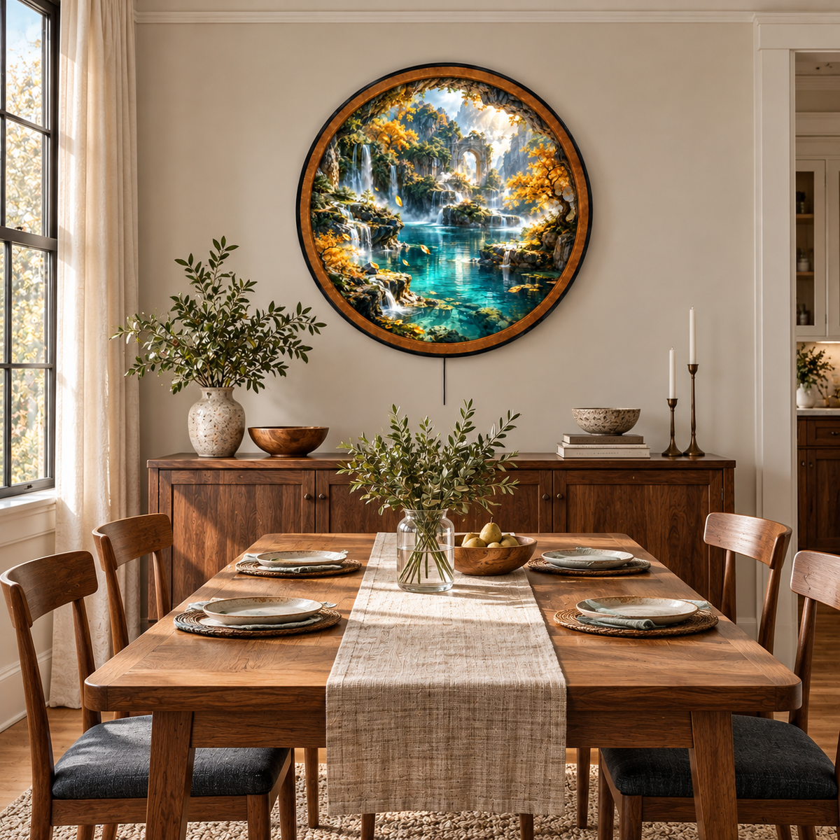 Enchanted Autumn Falls – Handcrafted Round LED Wall Art