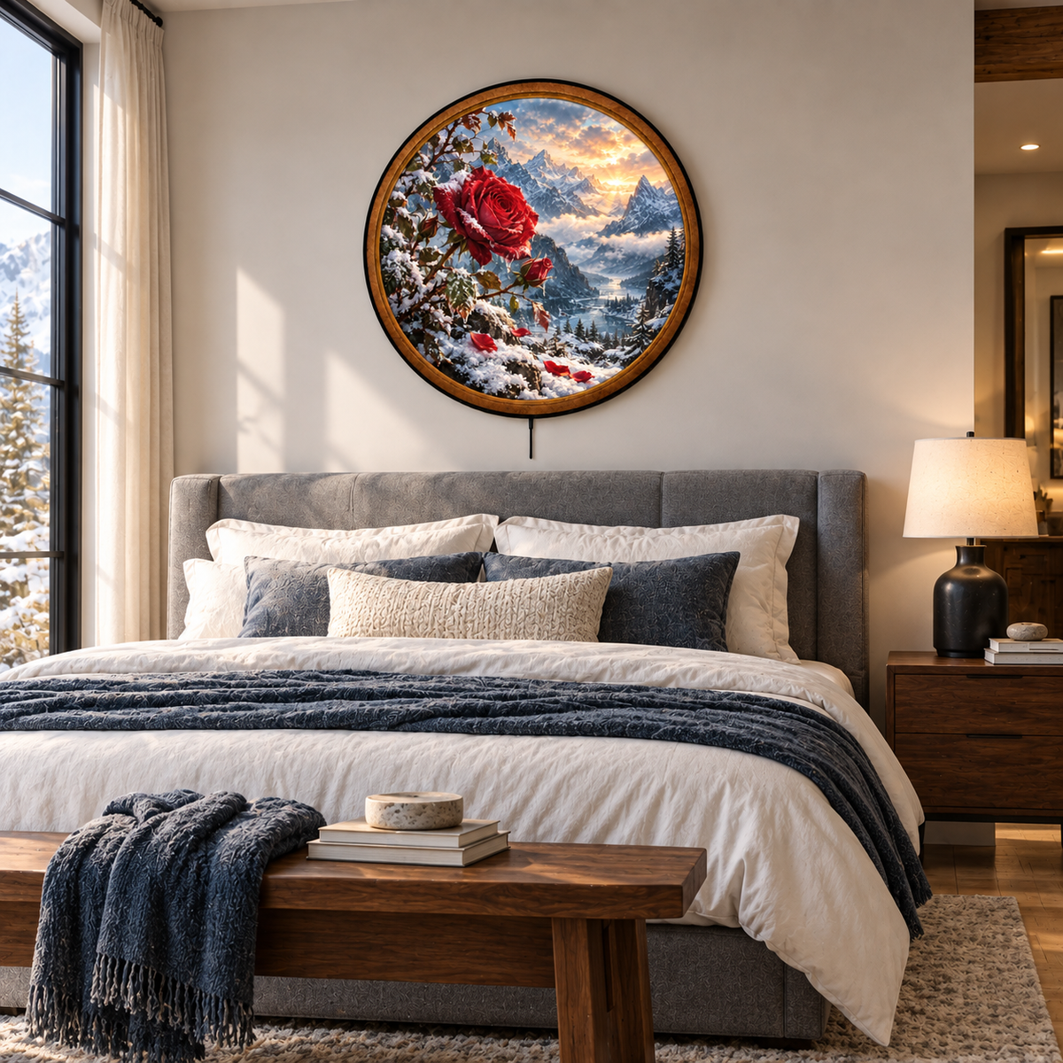 Crimson Rose Winter Mountain Circular LED Wall Art