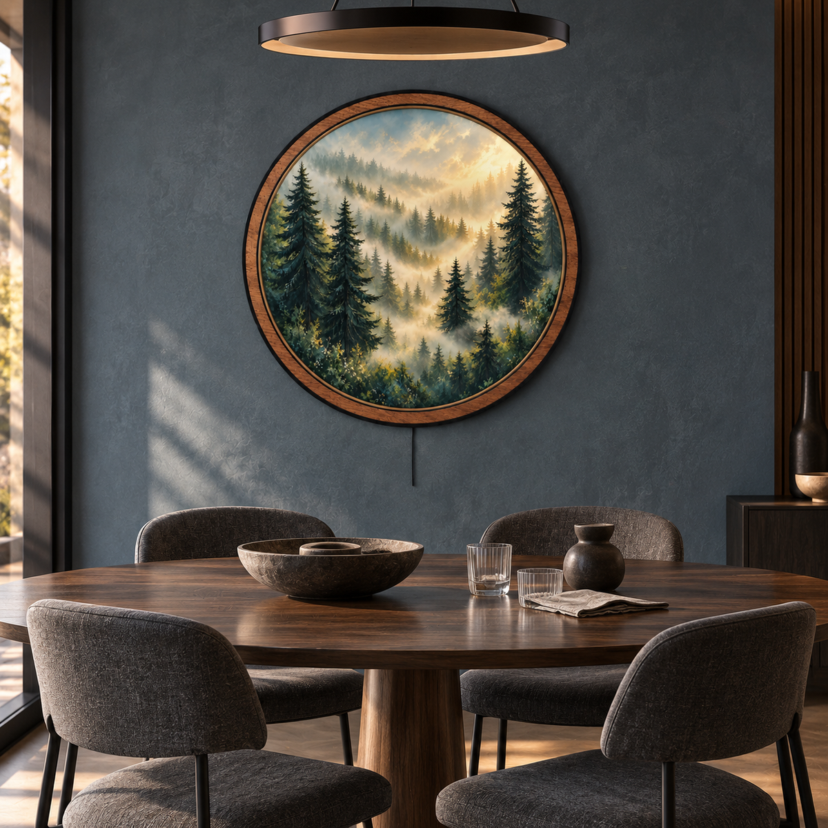 Misty Pine Sunrise LED Wall Art – Golden Forest Light