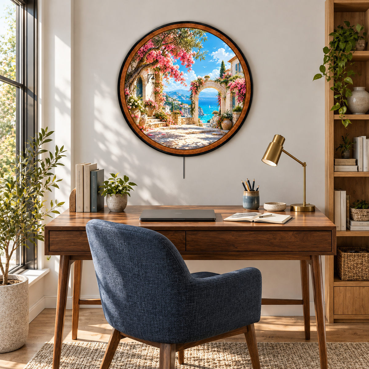 Mediterranean Blossom Escape – Handcrafted Round LED Wall Art