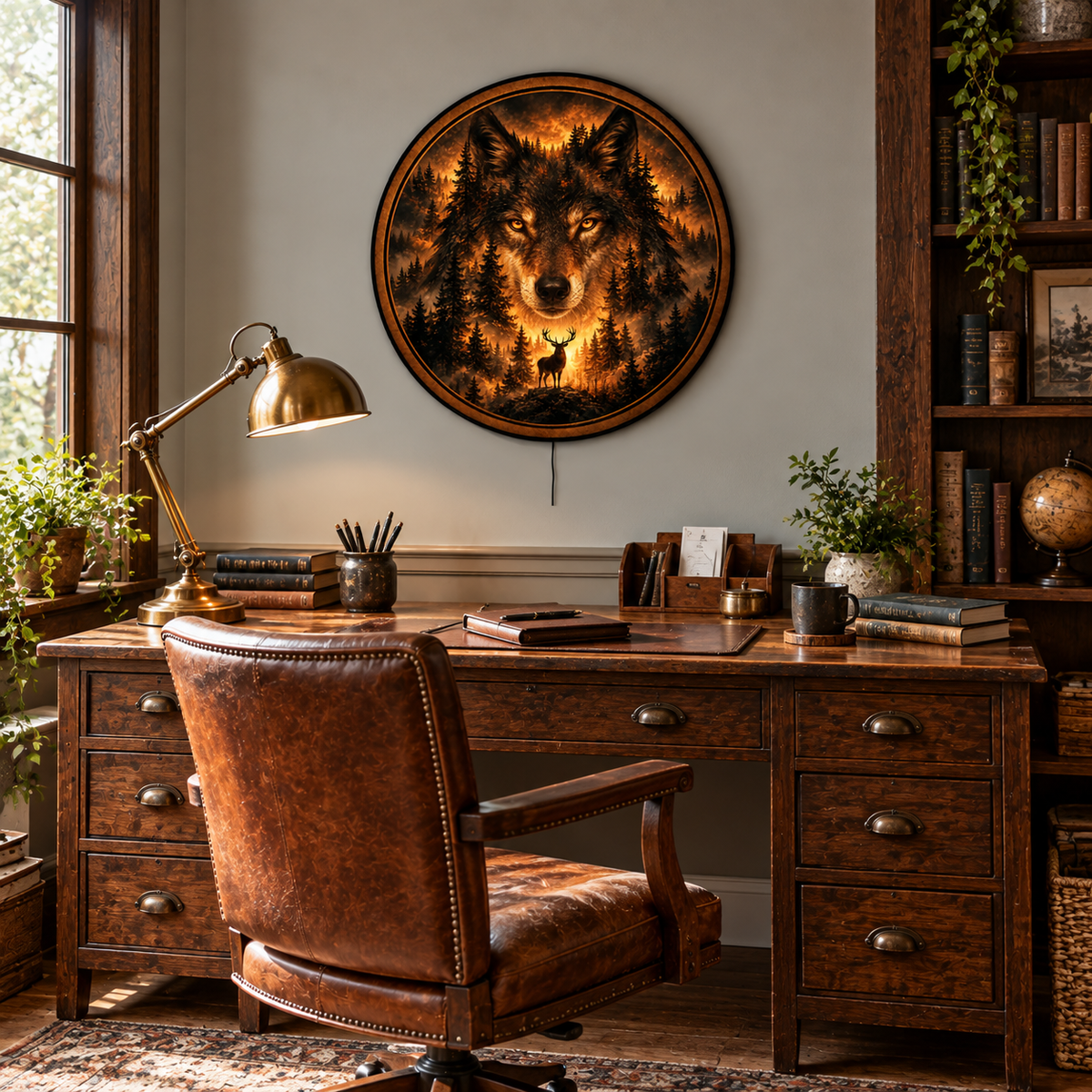 Handcrafted Wolf Spirit LED Wall Art – Mystic Forest Wolf & Stag Wildlife