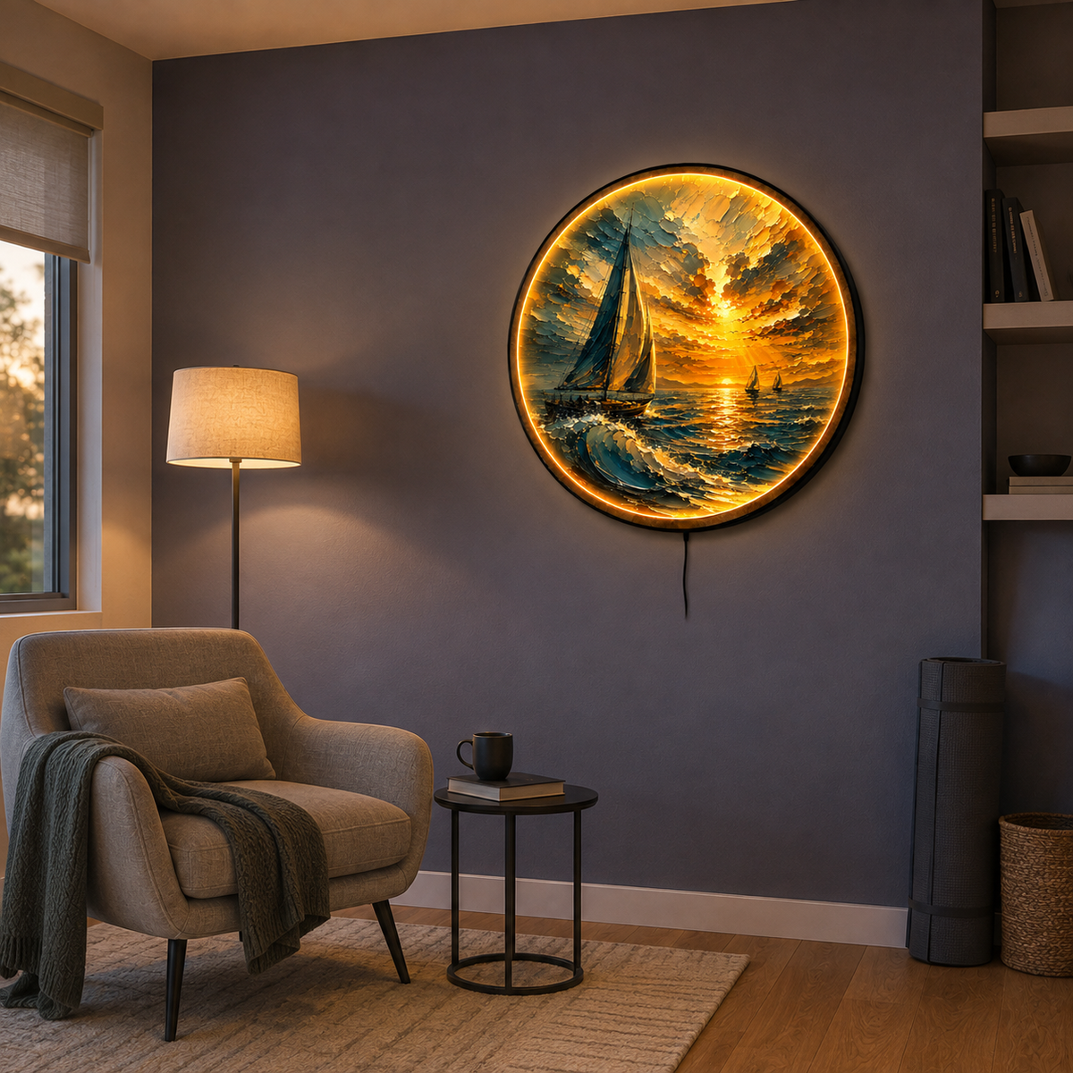 Sunward Sailing LED Wall Art – Golden Ocean Sunset Decor