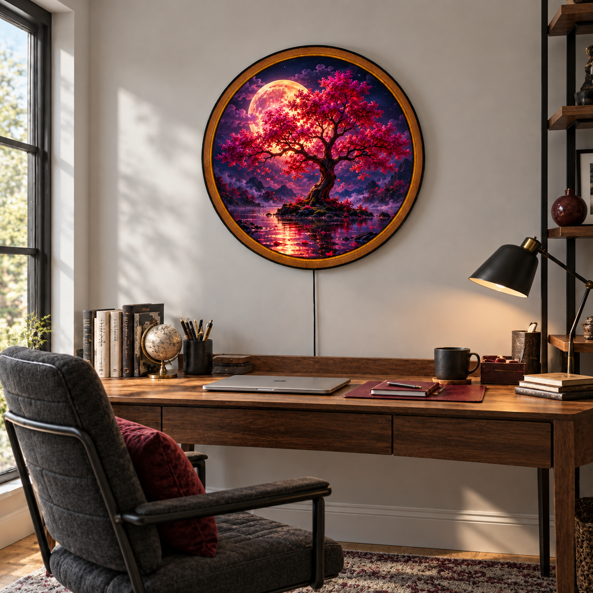 Crimson Moon Blossom Tree Circular LED Wall Art