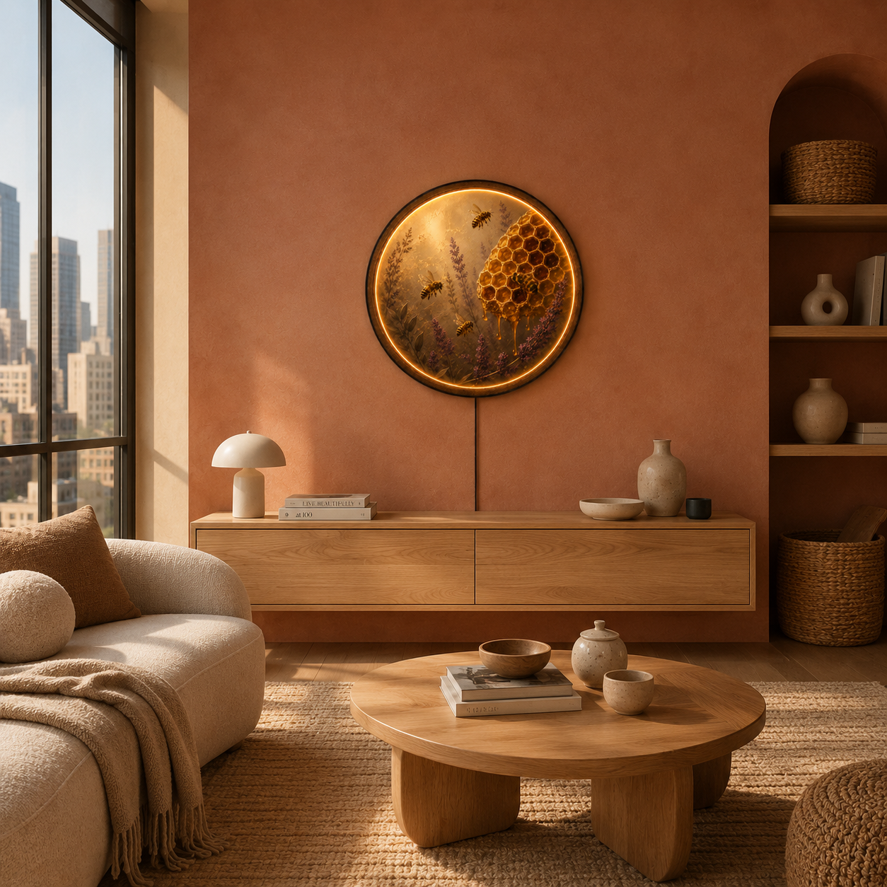 Honeycomb & Bees LED Wall Art – Warm Glow Round Acrylic Wall Decor