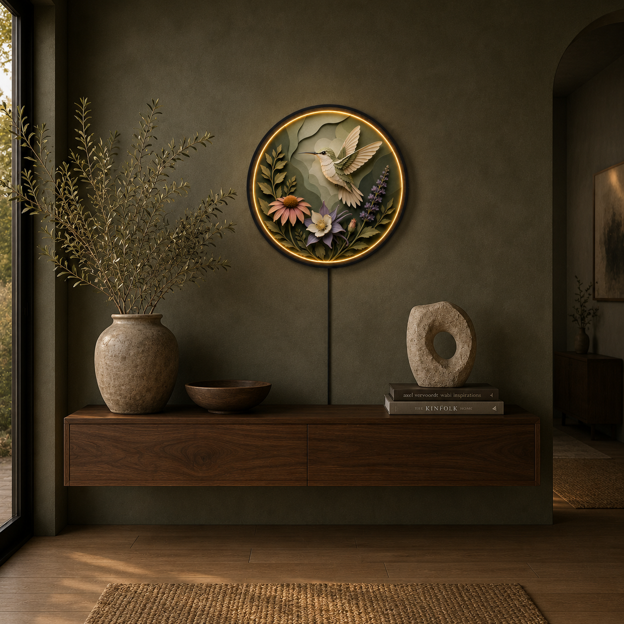 Hummingbird Bloom LED Wall Art – Round Nature Lighted Wall Decor