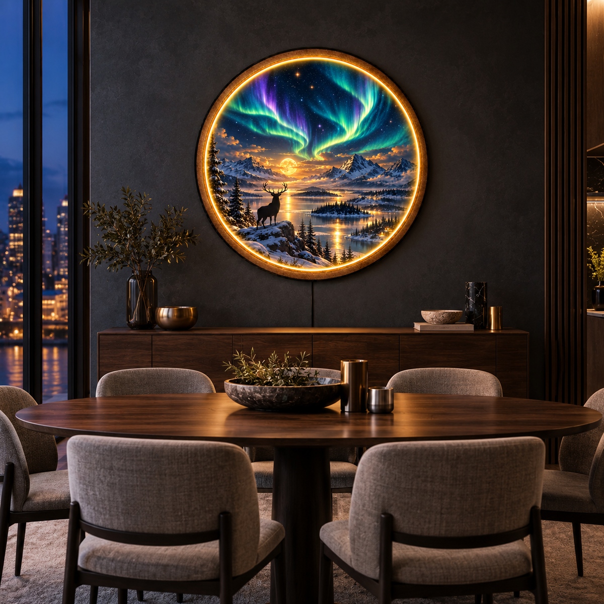 Aurora Stag Moon LED Wall Art – Northern Lights Decor
