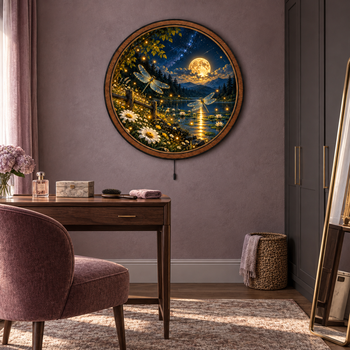 Dragonfly Moon Garden — Golden Night LED Wall Art | Moonlit Lake Decor