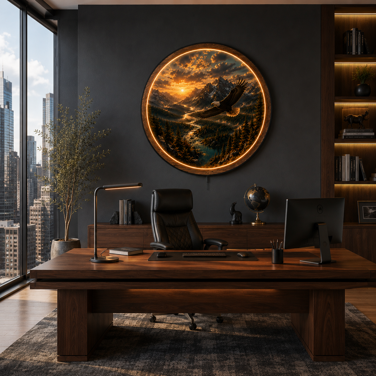 Majestic Eagle Mountain Sunset LED Wall Art – Premium Round Acrylic Decor