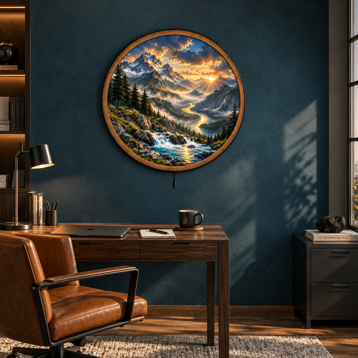 Golden Alpine River LED Wall Art – Mountain Sunrise Landscape Decor