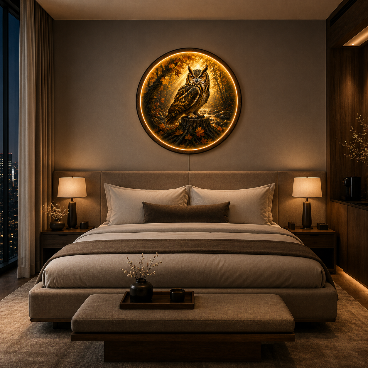 Owl LED Wall Art – Round Illuminated Acrylic Forest Wildlife Decor