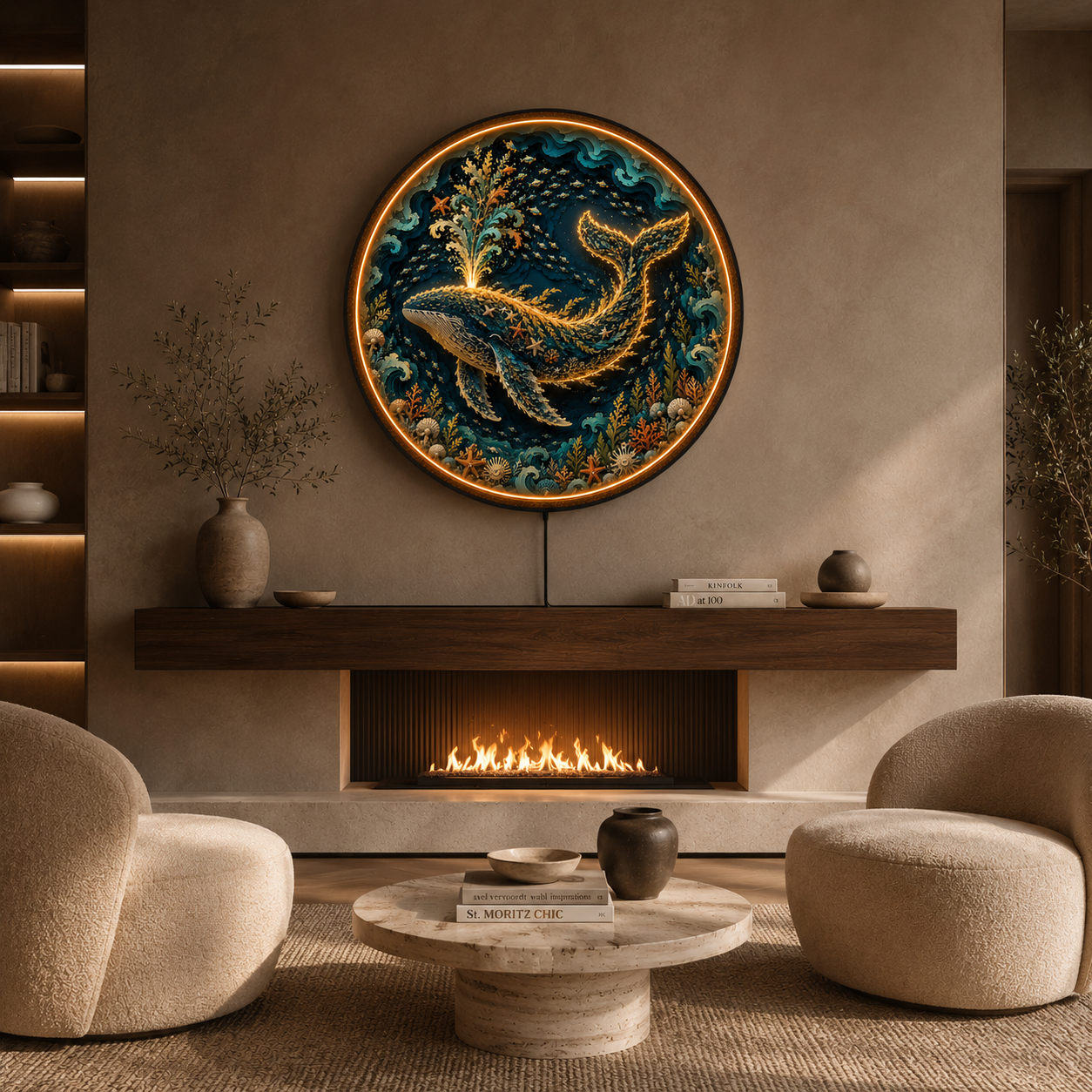 Majestic Ocean Whale LED Wall Art – Round Wooden Coastal Light Decor