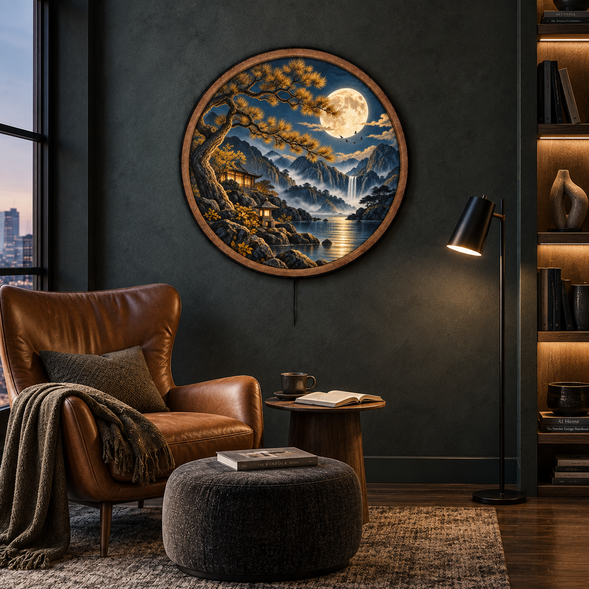 Golden Pine Sanctuary LED Wall Art – Moonlit Mountain Landscape