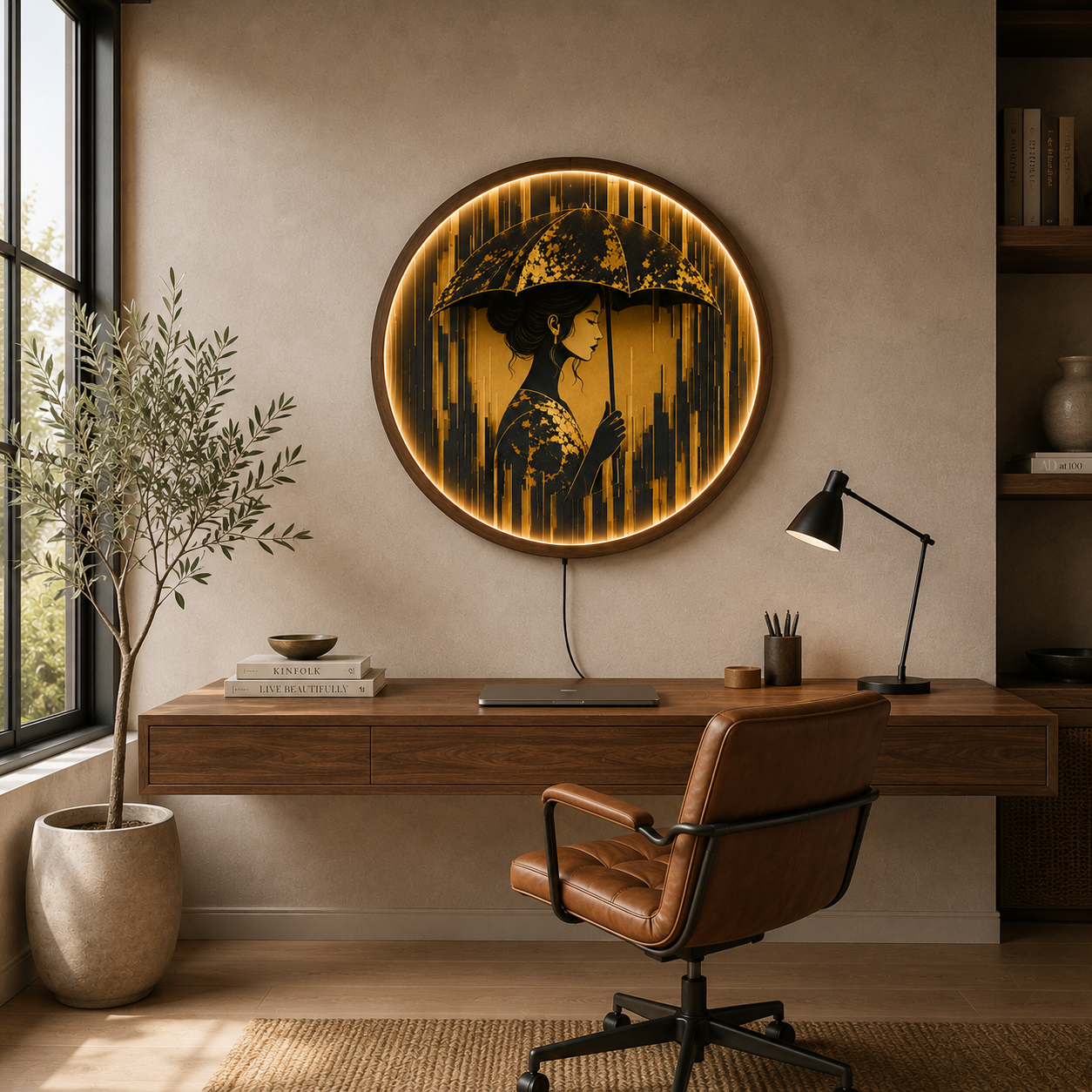 Golden Serenity LED Wall Art | Elegant Woman Under Umbrella Round Lighted Wall Decor | Warm LED Ambient Light