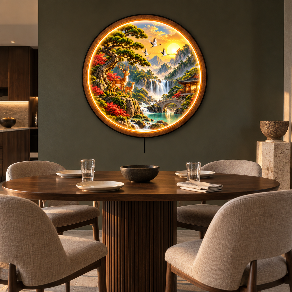 Sacred Deer Valley LED Wall Art – Asian Nature Landscape Decor