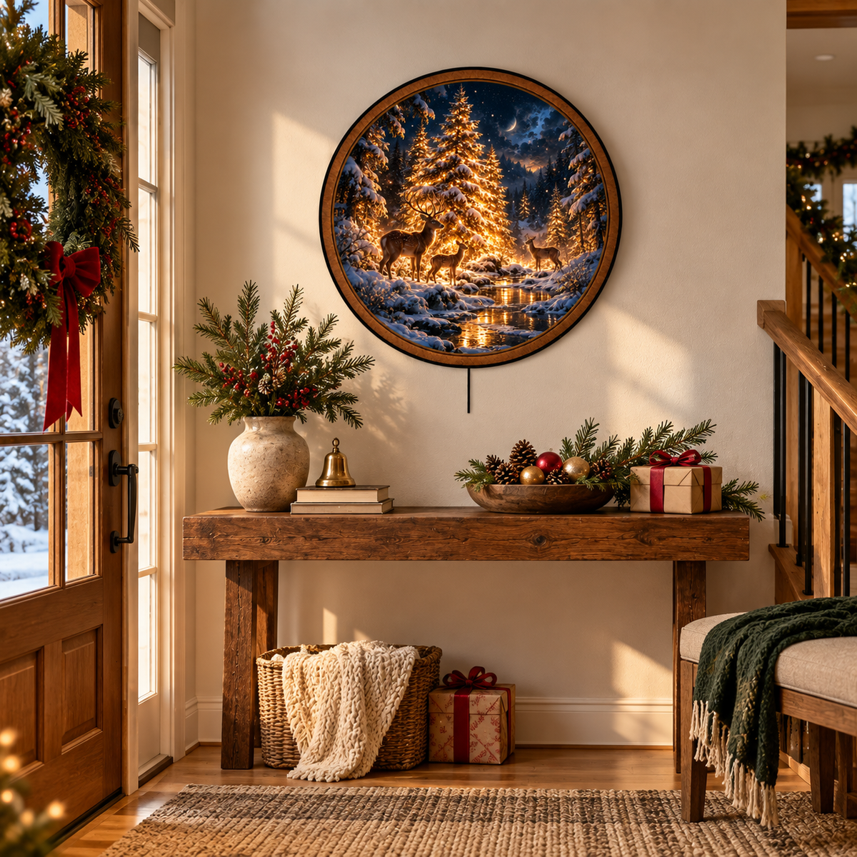 Winter Deer Golden Forest Circular LED Wall Art