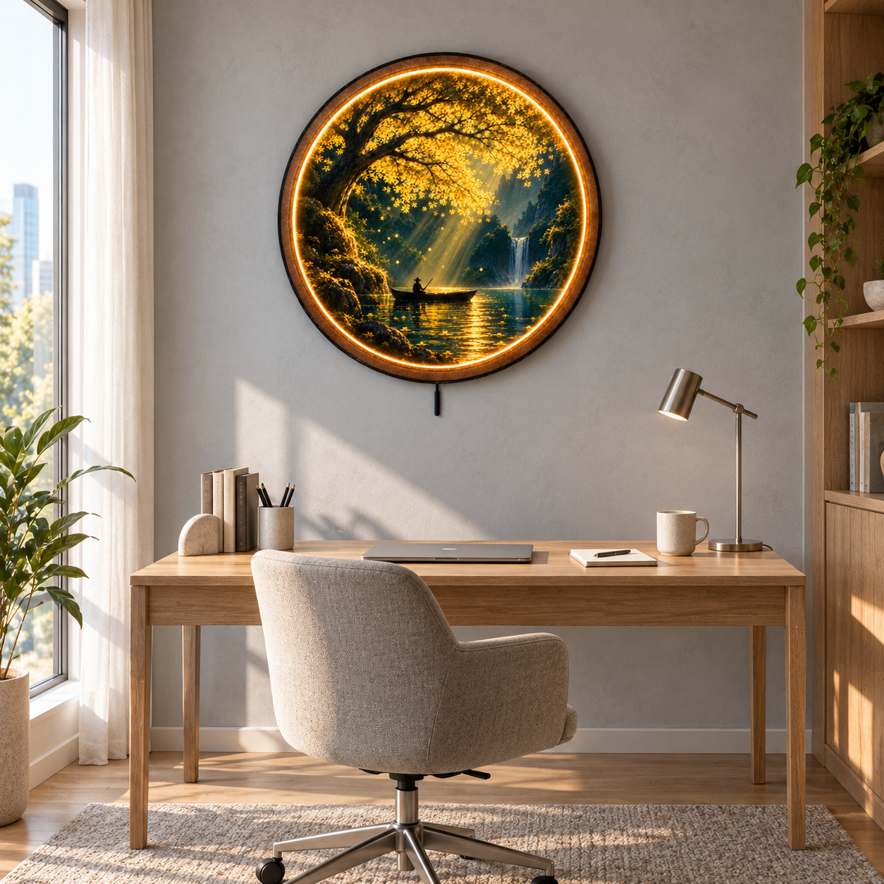 Golden Serenity LED Wall Art – Waterfall & Fisherman Decor