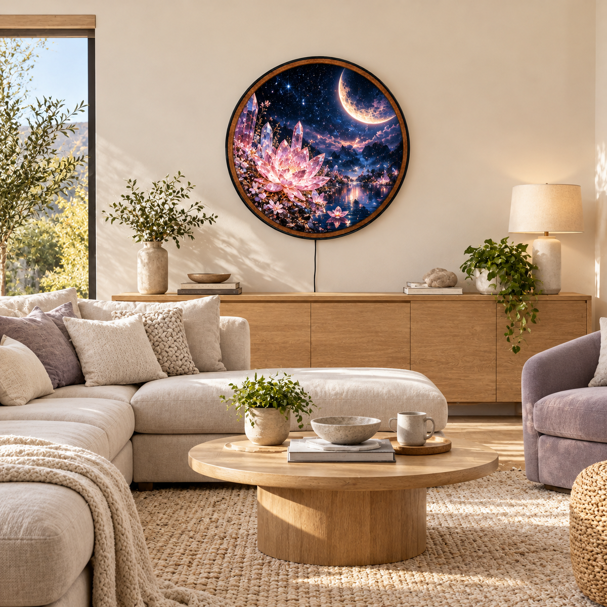Moonlit Crystal Blossom – Handcrafted Round LED Wall Art