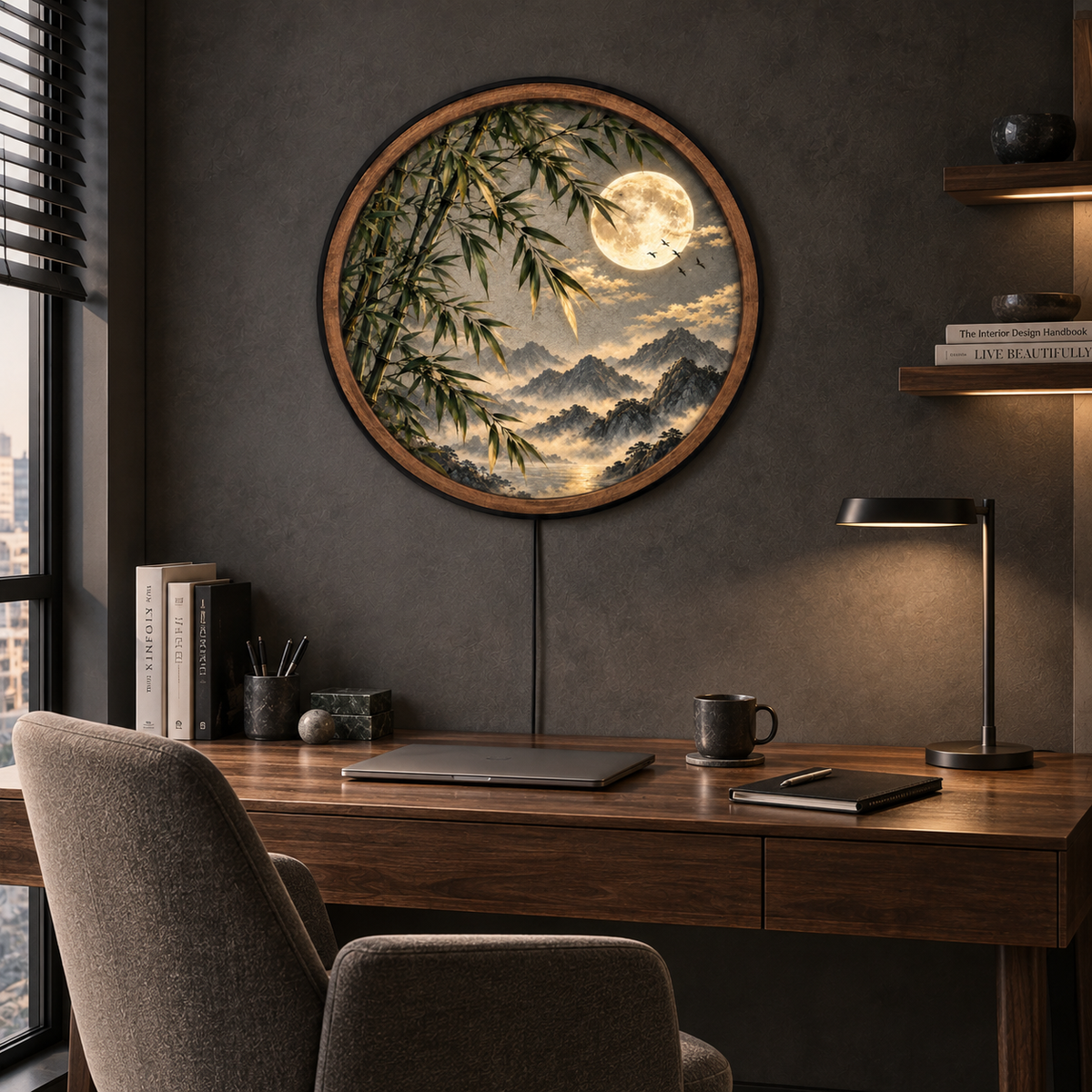 Golden Bamboo Moon LED Wall Art – Mountain Nature Decor