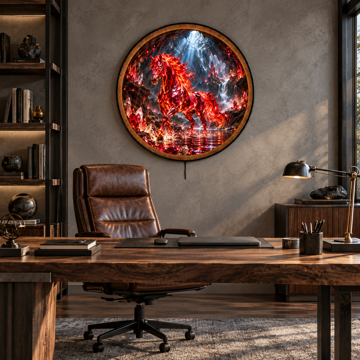 Crimson Crystal Horse Fantasy Cave Circular LED Wall Art