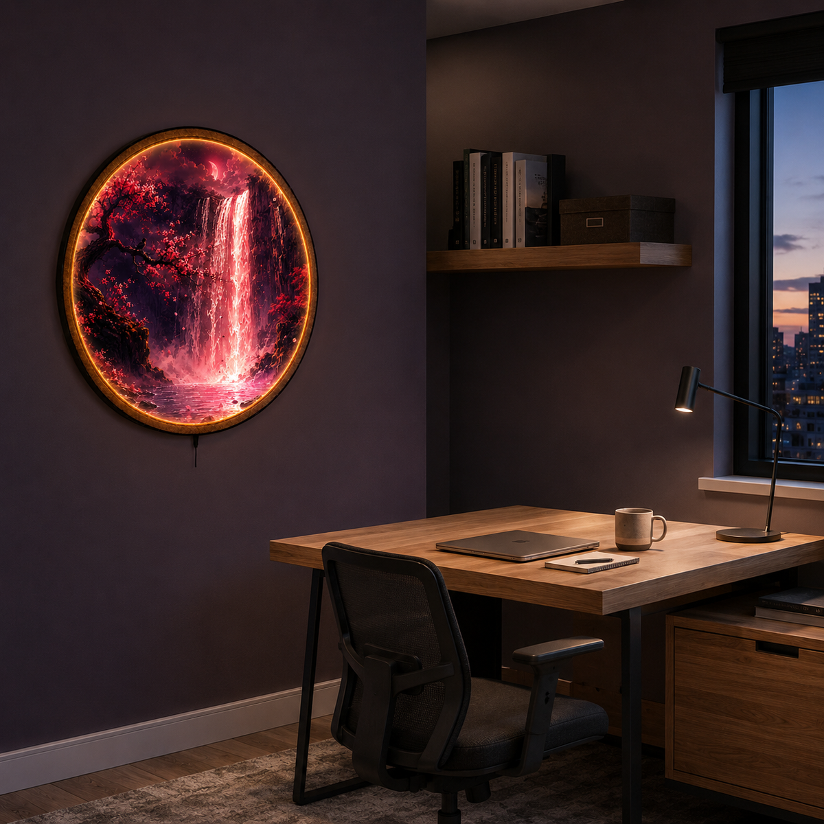 Crimson Veil LED Wall Art – Moonlit Waterfall Decor
