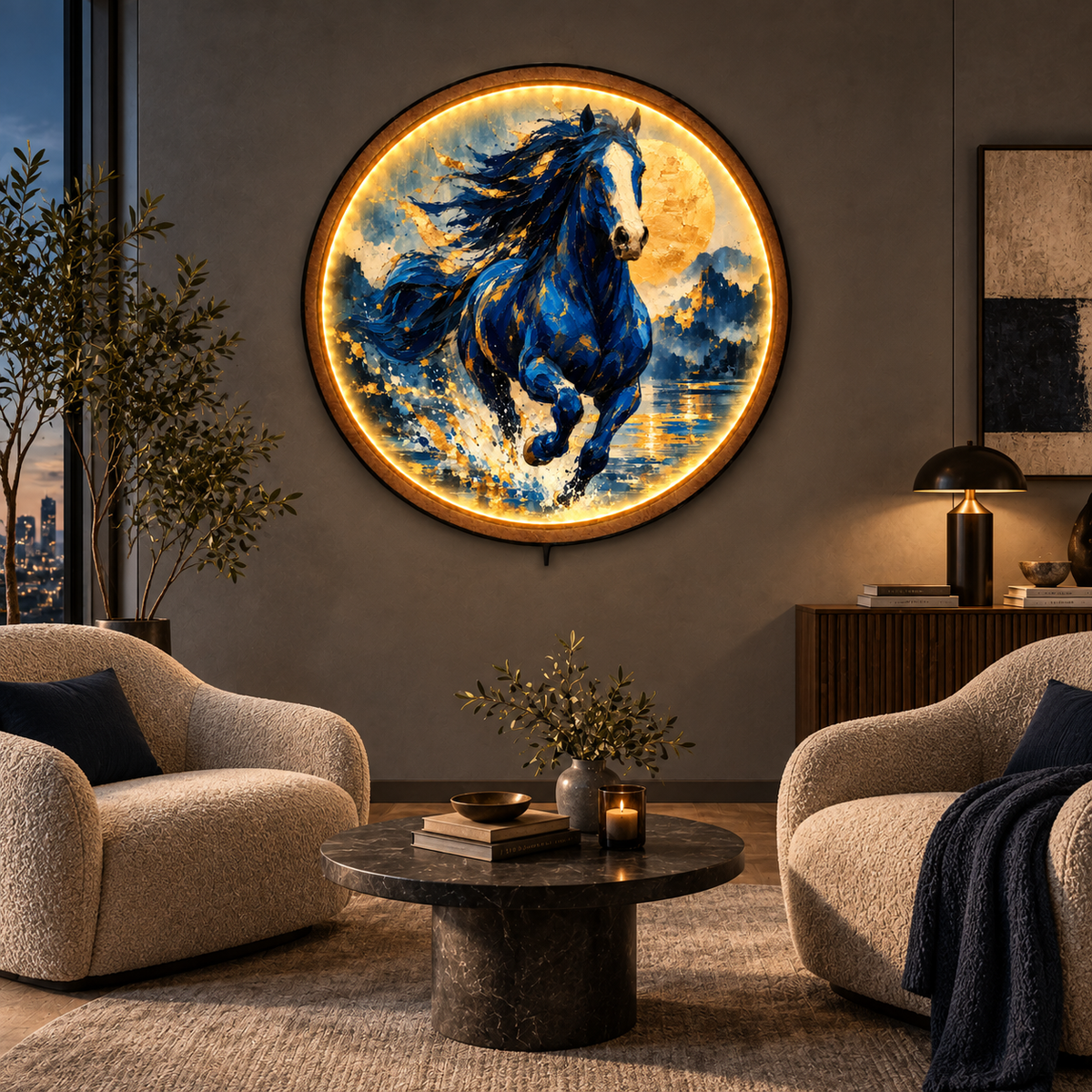 Blue Stallion Golden Moon LED Wall Art – Horse Decor
