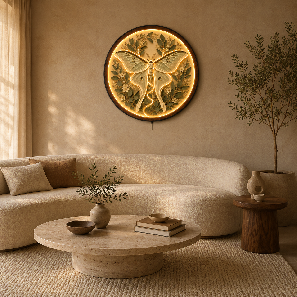 Moonlit Luna Moth LED Wall Art – Round Wooden Botanical Light Decor