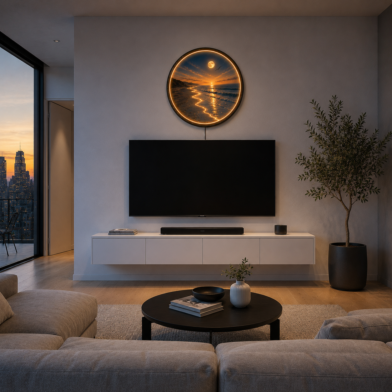 Moonlit Coastal Serenity LED Wall Art – Round Wooden Ocean Light Decor