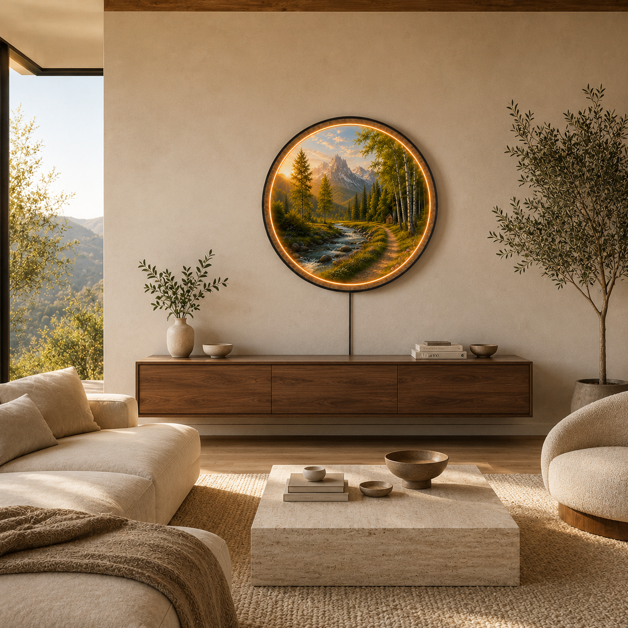 Mountain Sunrise LED Wall Art – Alpine River Round Lighted Decor