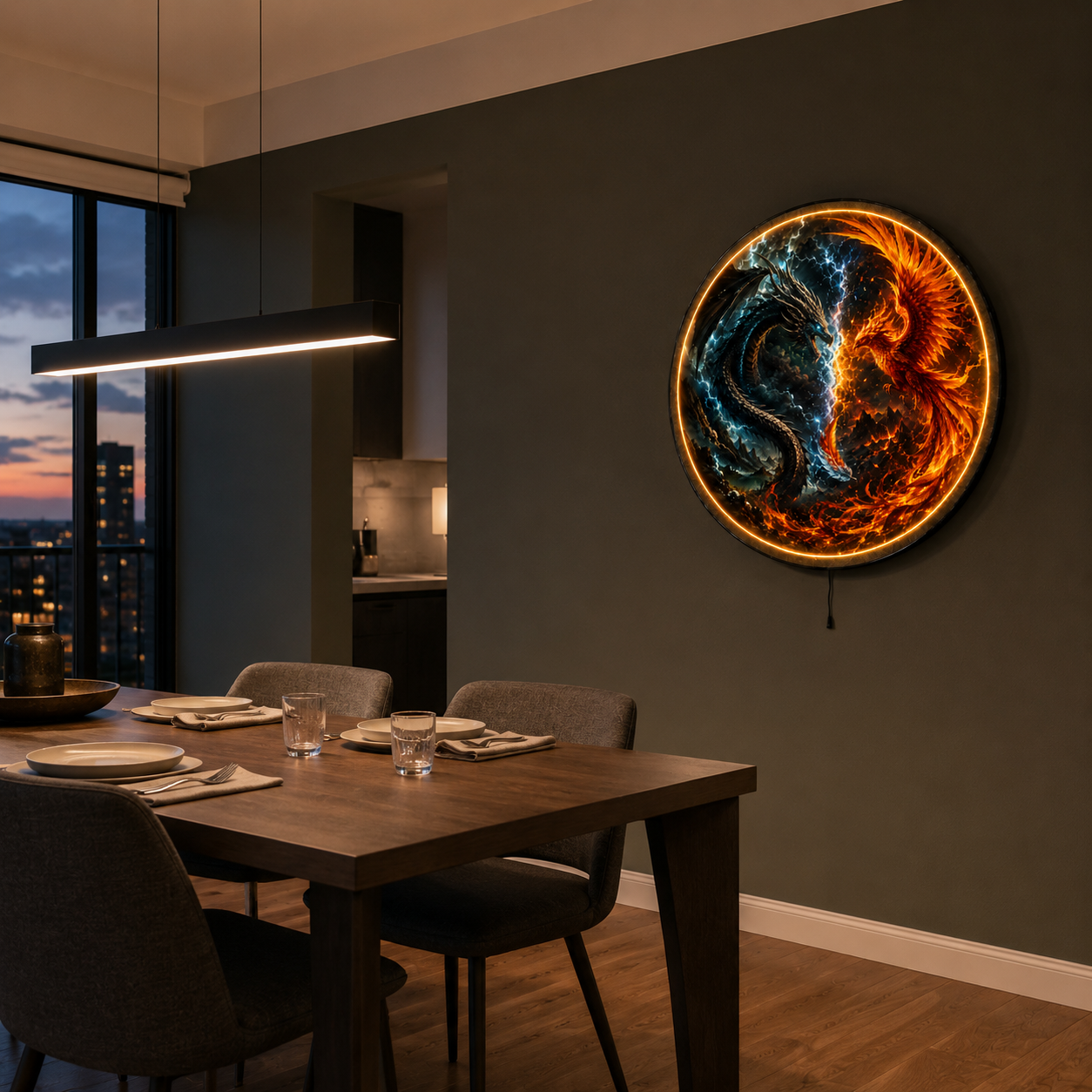 Stormfire Duel LED Wall Art – Dragon & Phoenix Fantasy Wall Decor